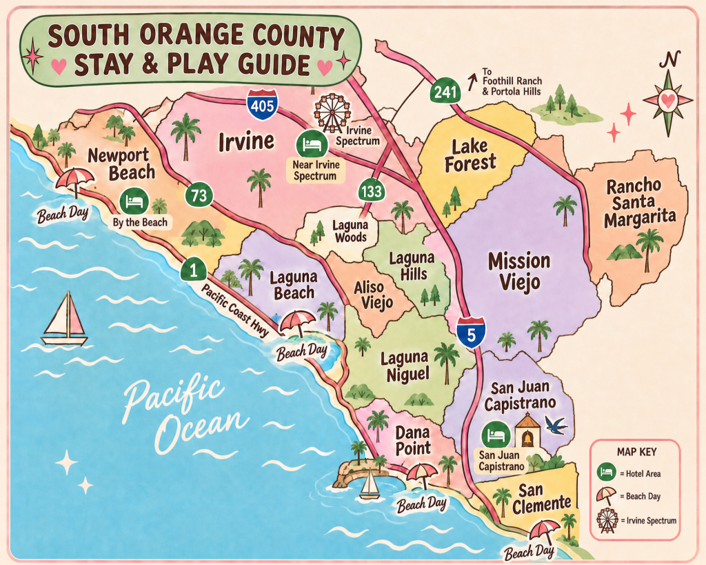 South Orange County Stay and Play Guide map showing hotel areas, beach days, and Irvine Spectrum